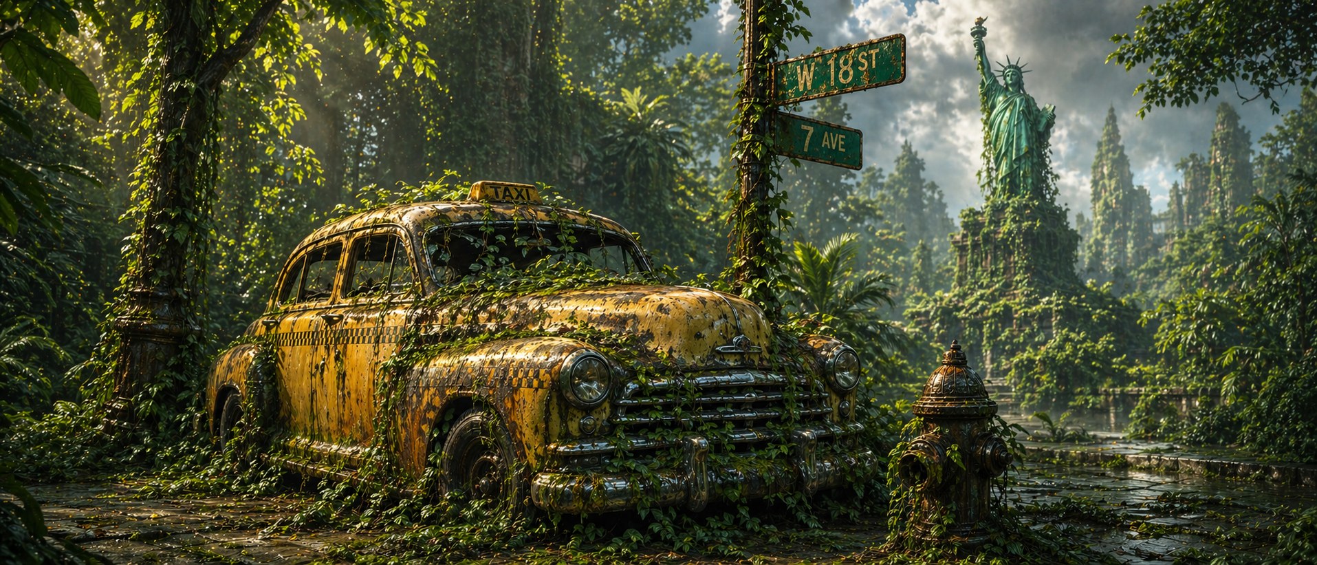 Post-human Manhattan — vintage yellow taxi reclaimed by jungle vines, W 18 ST and 7 AVE street signs, Statue of Liberty in the misty distance.